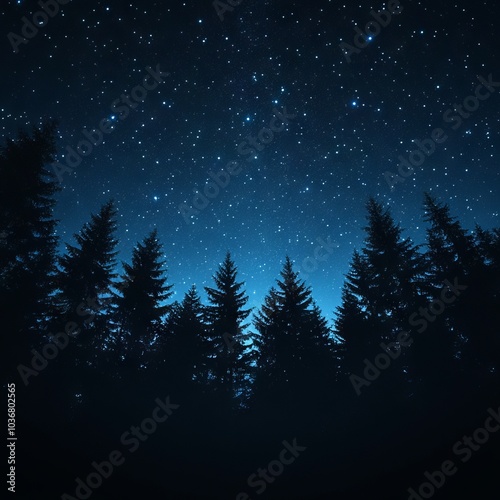 A serene night sky filled with stars above a dark forest silhouette.