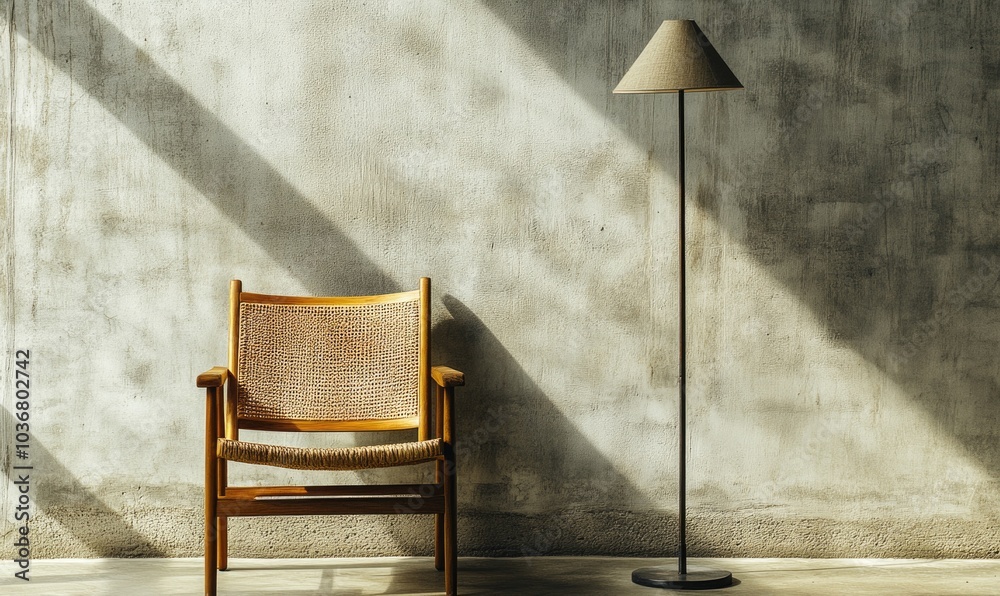 A wooden chair is sitting in front of a wall A wooden chair is sitting in front of a wall
