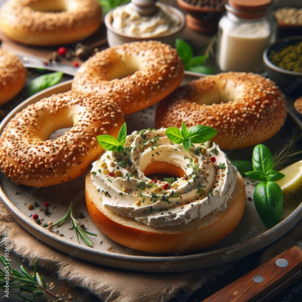 Creamy spread on sesame bagels garnished with herbs and spices Creamy spread on sesame bagels garnished with herbs and spices