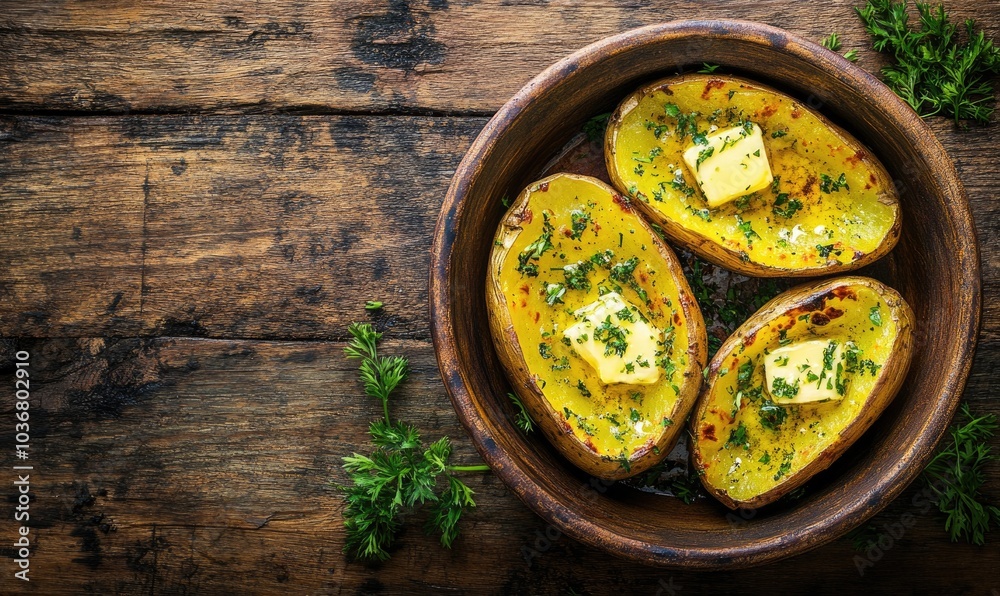 Three pieces of baked potatoes with butter and parsley on top Three pieces of baked potatoes with butter and parsley on top