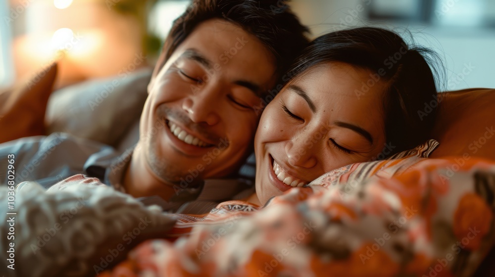 Happy couple cuddling on sofa, expressing love and support, enjoying a peaceful moment together at home, celebrating their relationship and care for one another Happy couple cuddling on sofa, expressing love and support, enjoying a peaceful moment together at home, celebrating their relationship and care for one another