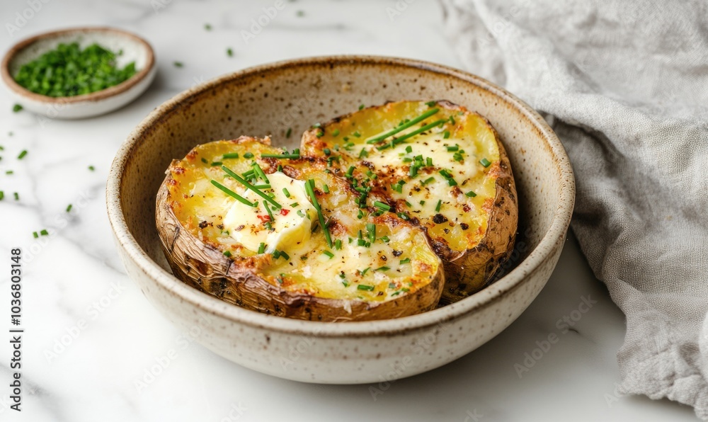 A bowl of mashed potatoes with butter and parsley A bowl of mashed potatoes with butter and parsley