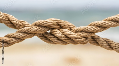 Complex web of interconnected ropes symbolizing intricate business relationships and antitrust challenges, with a focused foreground rope representing the effort to break monopolies.