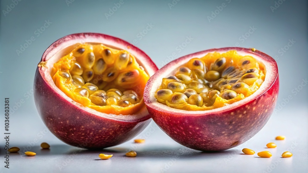 Passionfruit split in half with seeds falling out
