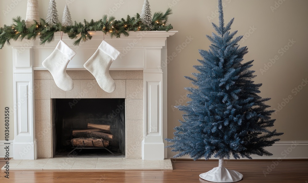 A blue Christmas tree sits in front of a fireplace A blue Christmas tree sits in front of a fireplace