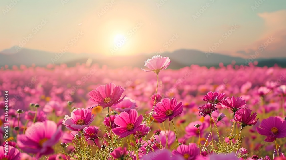 Fototapeta premium Pink Cosmos Flowers Field at Sunset - Beautiful Nature Photography