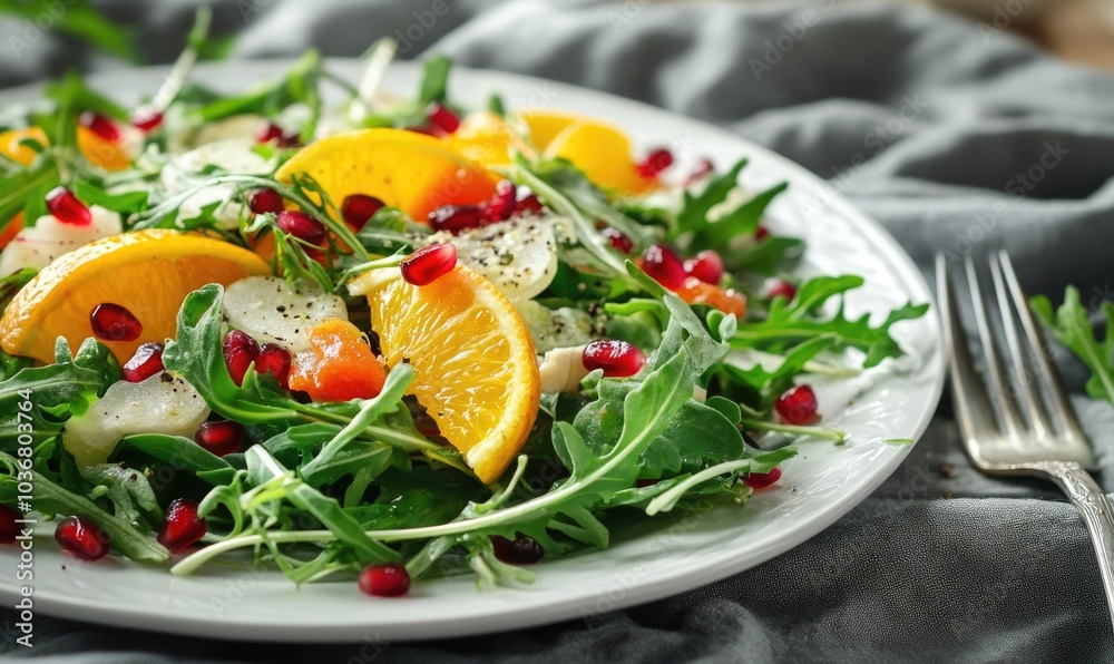 A salad with spinach, oranges, and pomegranates on a white plate A salad with spinach, oranges, and pomegranates on a white plate
