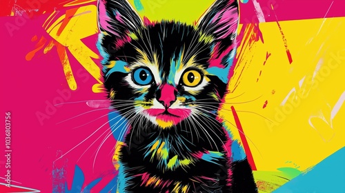 Vibrant Neon Pop Art Kitten with Heterochromatic Eyes