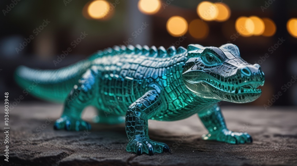 Fototapeta premium A teal glass crocodile figurine on a textured surface with a blurred background of warm lights.