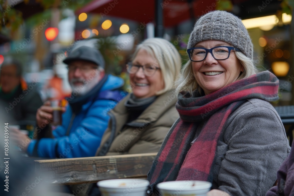 Mature couple sitting in a street cafe and drinking coffee, smiling. Mature couple sitting in a street cafe and drinking coffee, smiling.