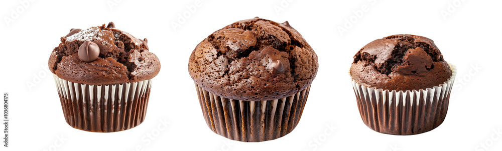 A freshly baked and fluffy chocolate muffin or cupcake isolated on white transparent background, beautifully topped with delightful sweet choco flakes A freshly baked and fluffy chocolate muffin or cupcake isolated on white transparent background, beautifully topped with delightful sweet choco flakes