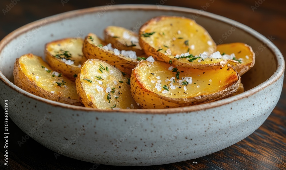 A bowl of potatoes with salt and herbs on top A bowl of potatoes with salt and herbs on top