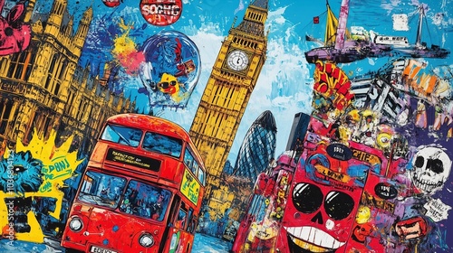 Graffiti Pop Art of London Big Ben and Double-Decker Bus