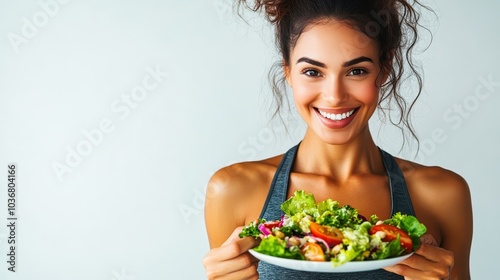 Smiling fit young woman holding a fresh salad plate