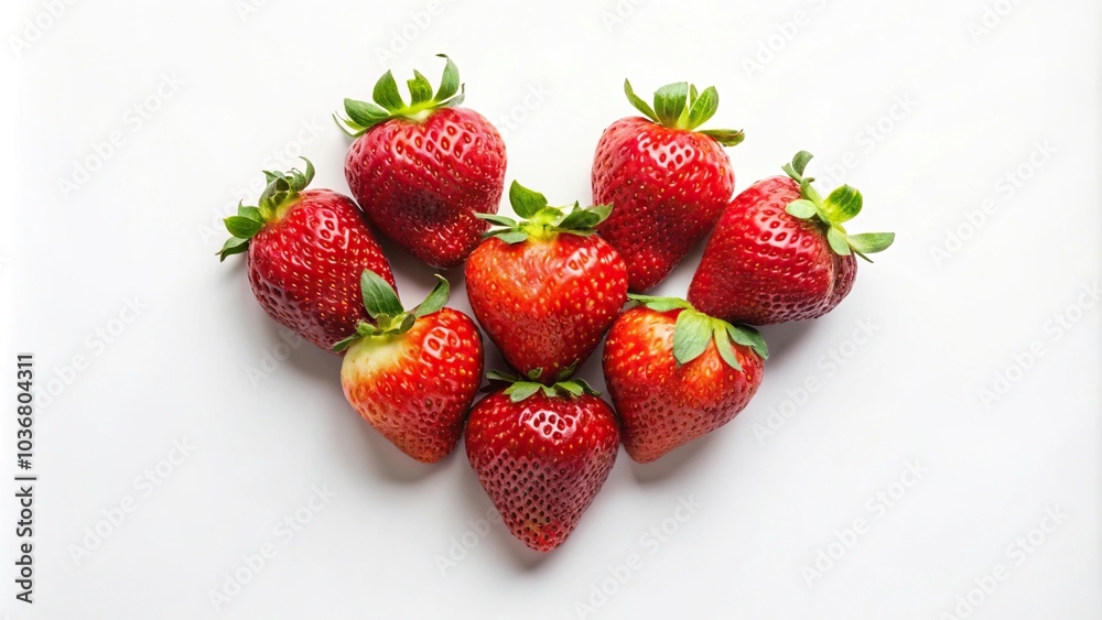 Photo of a realistic strawberry heart shape on a white background from above Photo of a realistic strawberry heart shape on a white background from above