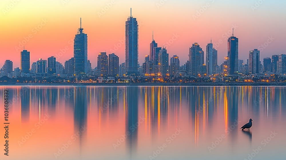 Obraz premium City skyline at sunset with reflective water.