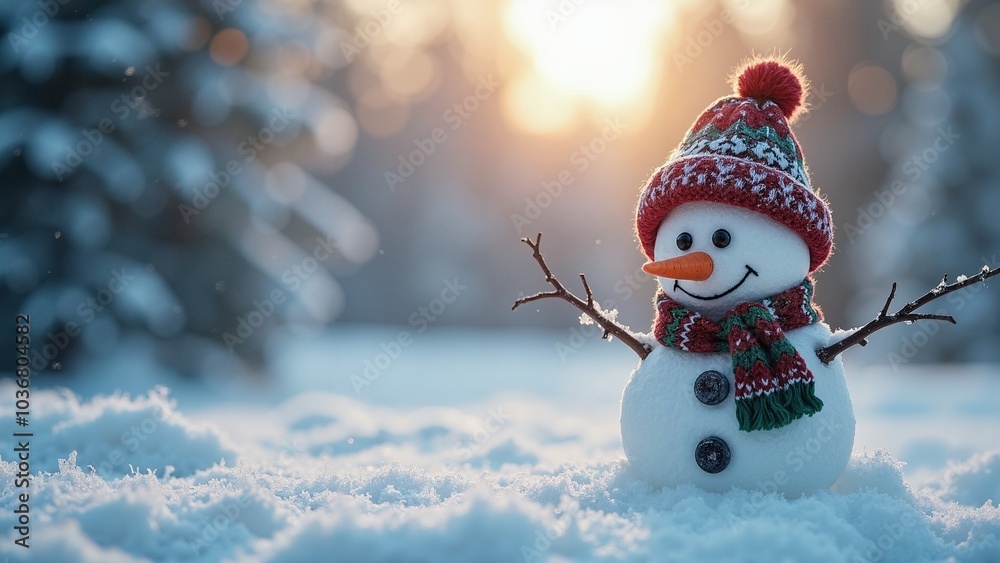 Cheerful Snowman with Knitted Hat: Winter Wonderland Scene for Holiday Marketing and Festive Greetings