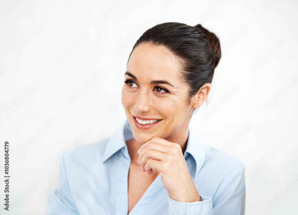 Woman, business and thinking in studio of happy memory, daydreaming and reflection. Professional, confidence and thoughtful financial advisor with investment, insight and remember on white background Woman, business and thinking in studio of happy memory, daydreaming and reflection. Professional, confidence and thoughtful financial advisor with investment, insight and remember on white background