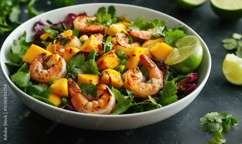 A bowl of shrimp and mango salad with lime wedges A bowl of shrimp and mango salad with lime wedges