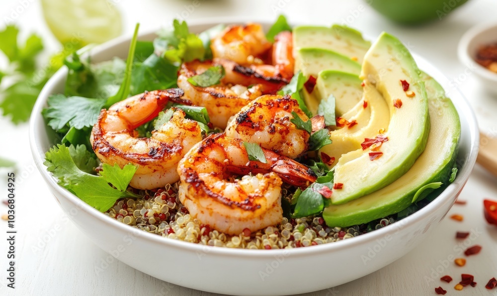 A bowl of shrimp and avocado salad A bowl of shrimp and avocado salad