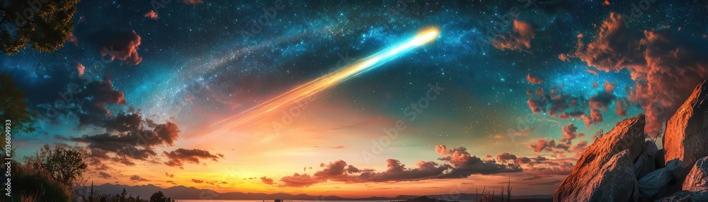 Fototapeta premium A bright meteor streaks across a colorful sky, leaving a fiery trail.