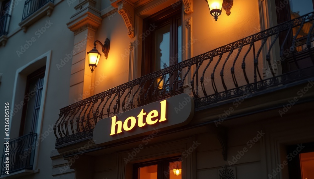 A glowing hotel sign mounted on a building exterior, illuminated by a warm light at night, creating a welcoming atmosphere. A glowing hotel sign mounted on a building exterior, illuminated by a warm light at night, creating a welcoming atmosphere.