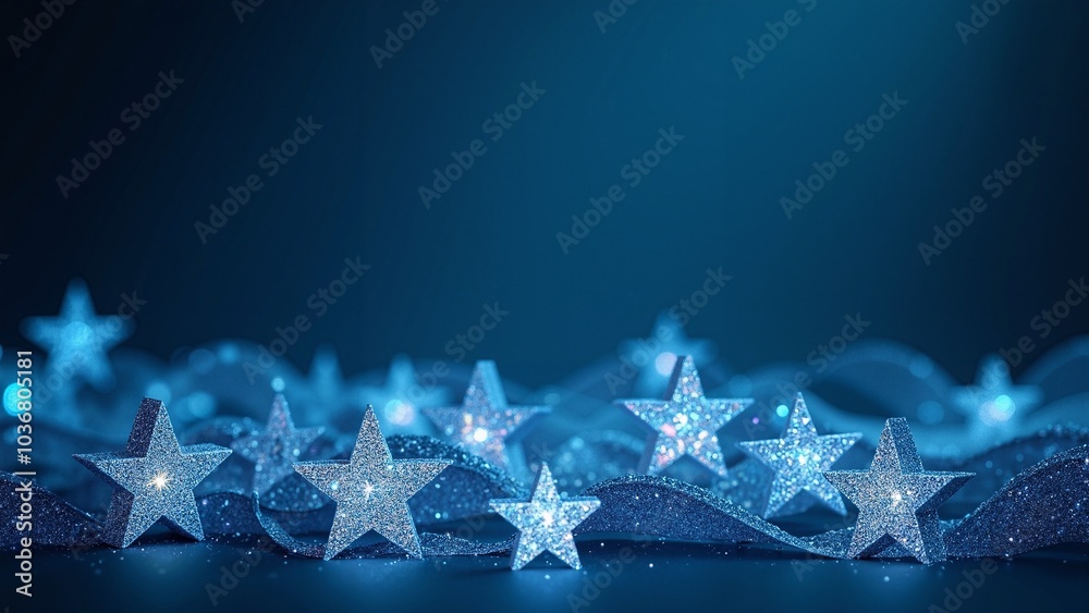 Sparkling Christmas Stars on Dark Blue: Festive 3D Render for Holiday Marketing, Greetings, and E-commerce