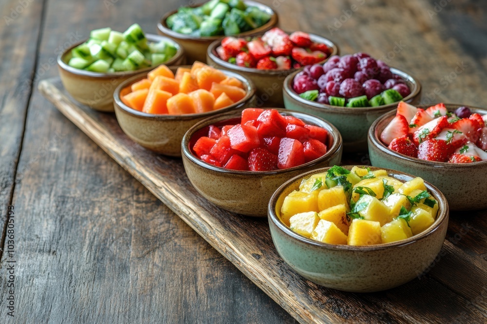 healthy food display, fresh fruit salad in bowls on a wooden table with a background and space for text healthy food display, fresh fruit salad in bowls on a wooden table with a background and space for text