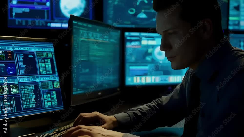 Cybersecurity Analyst Monitoring Network Threats in Dark Control Room
Cybersecurity Analyst Monitoring Network Threats in Dark Control Room
