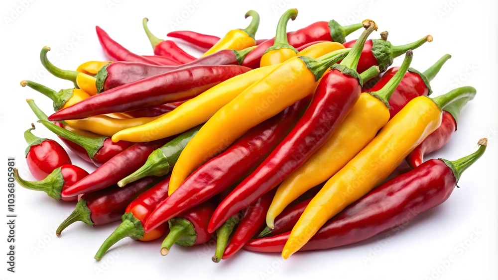red and yellow chili peppers isolated on white macro