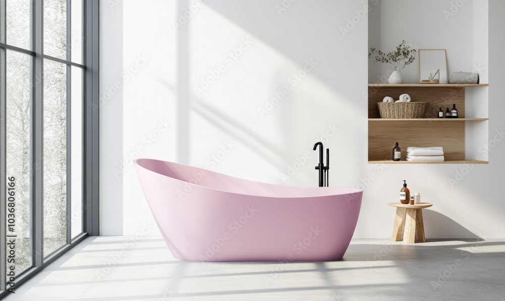 A pink bathtub sits in a bathroom with a window and a shelf A pink bathtub sits in a bathroom with a window and a shelf