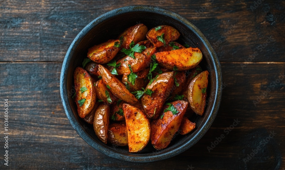 A bowl of potatoes with a sprinkle of parsley on top A bowl of potatoes with a sprinkle of parsley on top