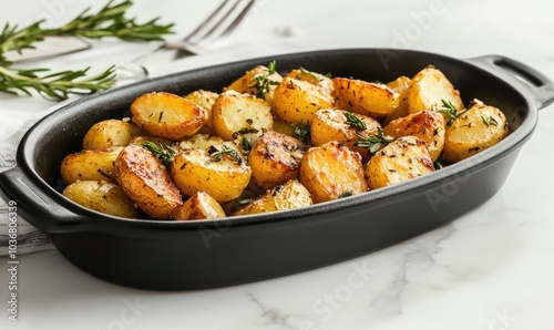 A black dish filled with potatoes and herbs