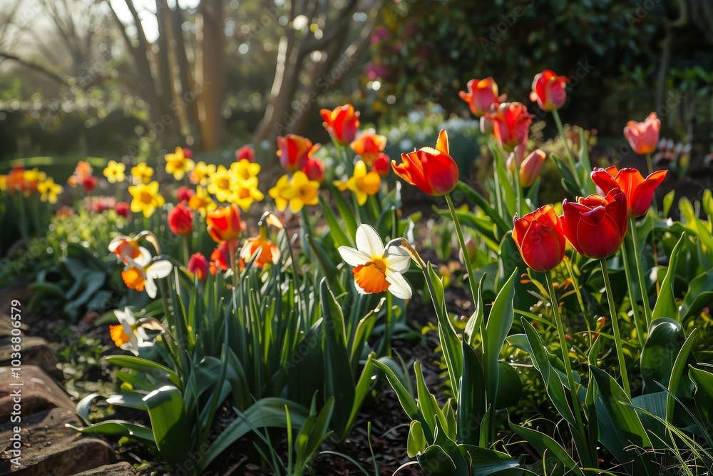 Springtime Garden with Red Tulips and Daffodils Springtime Garden with Red Tulips and Daffodils