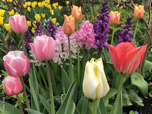 Spring Flower Garden with Tulips and Hyacinths