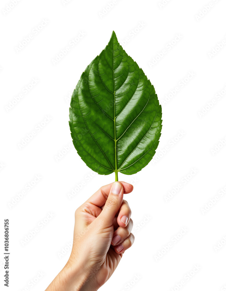 Hand Holding a Large Green Leaf Against a White Background Hand Holding a Large Green Leaf Against a White Background