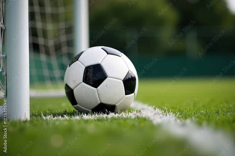 Obraz premium Soccer Ball Near Goalpost on Green Field