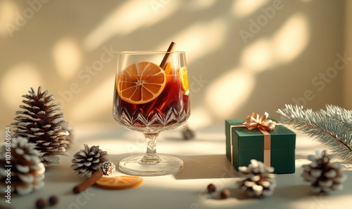 A glass of wine with orange slices and cinnamon sticks on a table