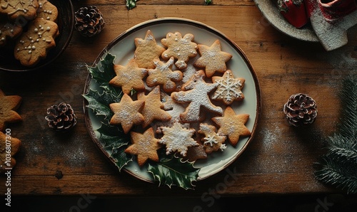 A plate of Christmas cookies with a leafy garnish