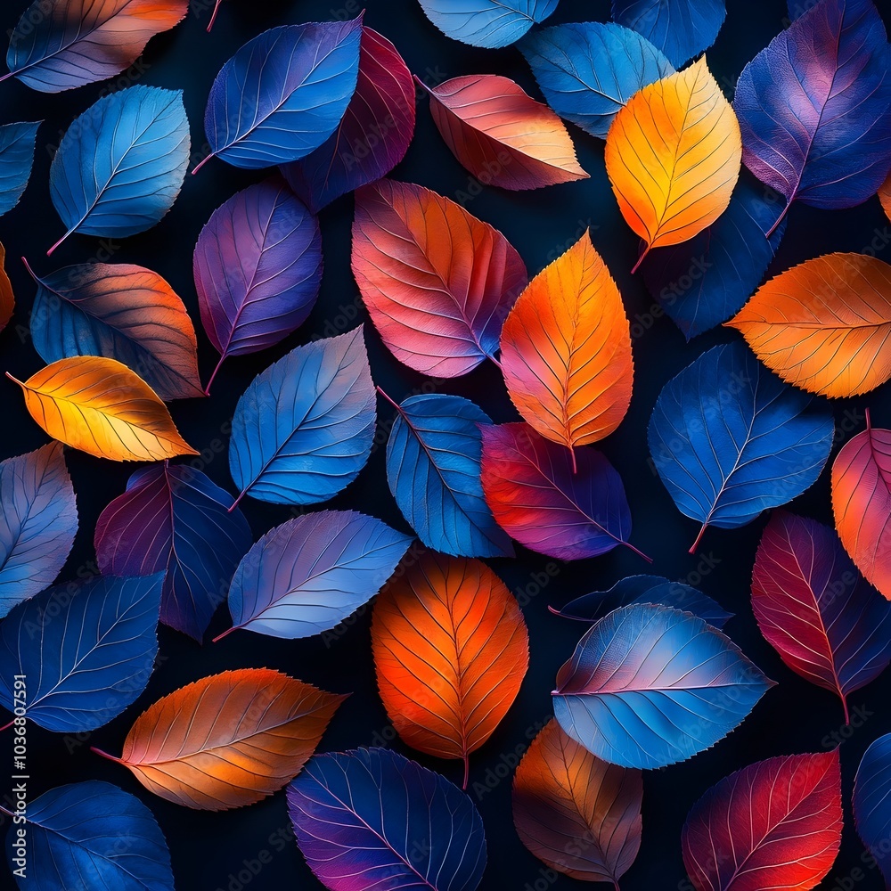 A vibrant flat lay of colorful leaves showcasing a gradient of blue, orange, and purple hues against a deep black background, creating a striking visual contrast. A vibrant flat lay of colorful leaves showcasing a gradient of blue, orange, and purple hues against a deep black background, creating a striking visual contrast.