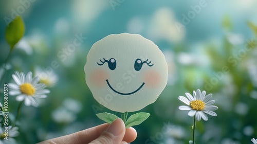 Hand holding smile face flower in serene garden setting World Compliment Day