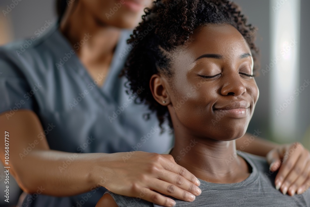Patient receiving physical therapy for shoulder pain at a clinic, focusing on injury care, muscle stretching, body anatomy, and building trust in healthcare Patient receiving physical therapy for shoulder pain at a clinic, focusing on injury care, muscle stretching, body anatomy, and building trust in healthcare