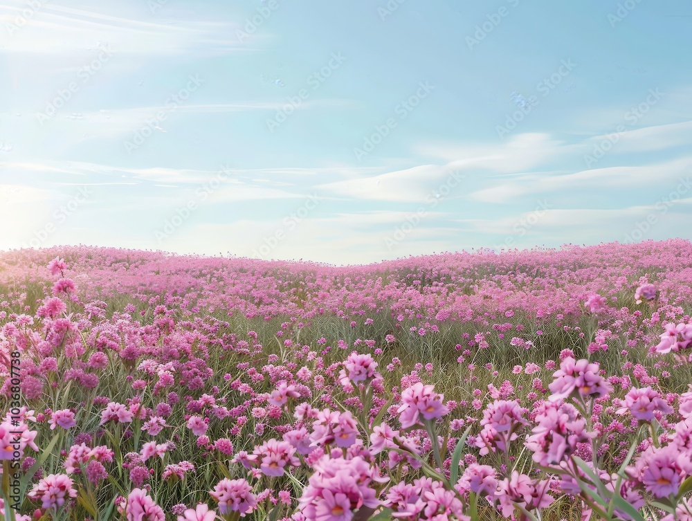 Stunning Pink Flowers in a Lush Field Under a Blue Sky Stunning Pink Flowers in a Lush Field Under a Blue Sky