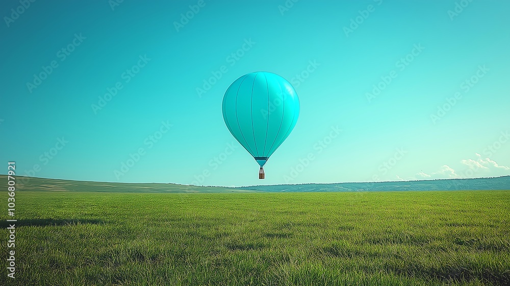 Fototapeta premium One blue balloon floats gently above a green field under a clear sky