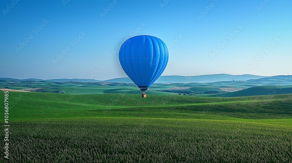 Obraz premium One blue balloon floats gently above a green field under a clear sky