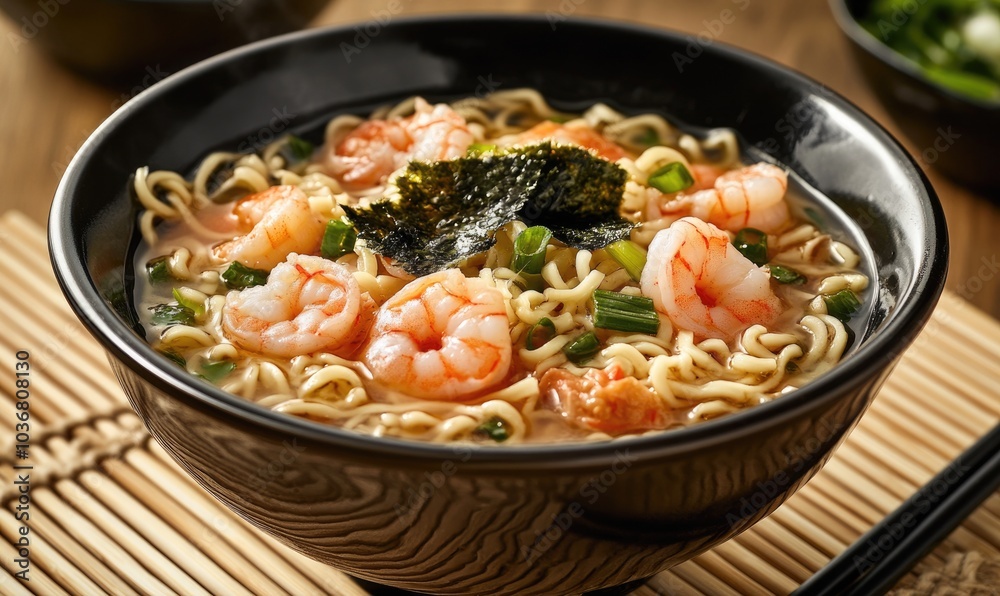 A bowl of ramen soup with shrimp and seaweed A bowl of ramen soup with shrimp and seaweed
