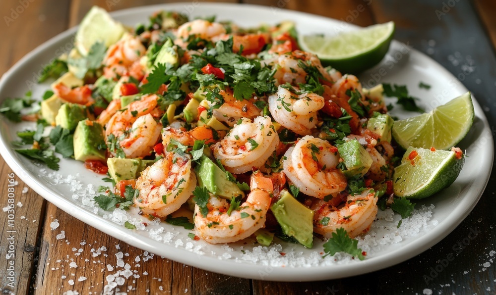 A plate of shrimp and avocado salad with a lime garnish A plate of shrimp and avocado salad with a lime garnish