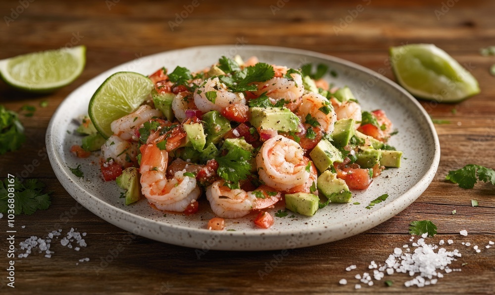 A plate of shrimp and avocado salad sits on a wooden table A plate of shrimp and avocado salad sits on a wooden table