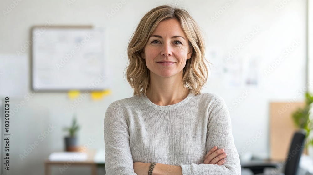 Confident Caucasian woman in a cozy office with arms crossed, smiling warmly. Confident Caucasian woman in a cozy office with arms crossed, smiling warmly.