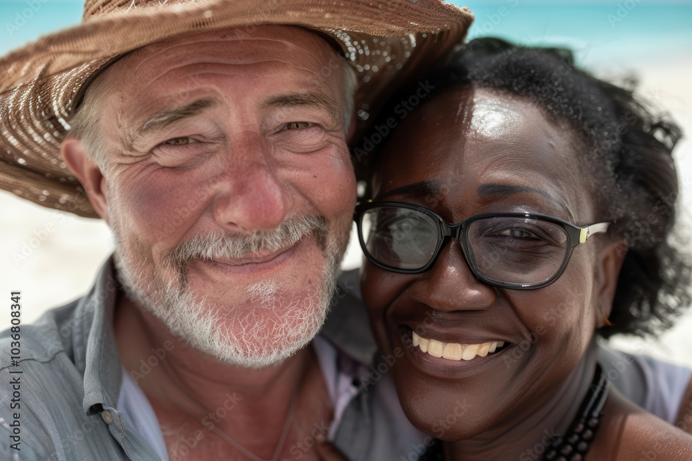 Couple and mature parents enjoying a beach vacation, sharing laughter and smiles while connecting in a joyful outdoor setting Couple and mature parents enjoying a beach vacation, sharing laughter and smiles while connecting in a joyful outdoor setting